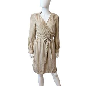Trina Turk Champagne Silk Chain Faux Wrap Long Sleeve Dress, 0